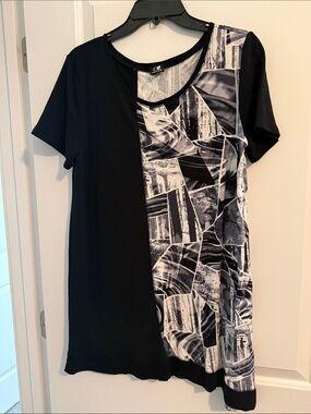 Cable & Gauge Black Tee Dress with Black & White Geometric Panel